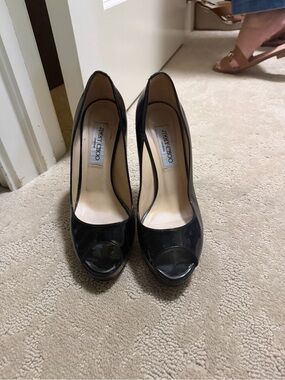 Jimmy Choo Black Patent Peep-Toe Heels